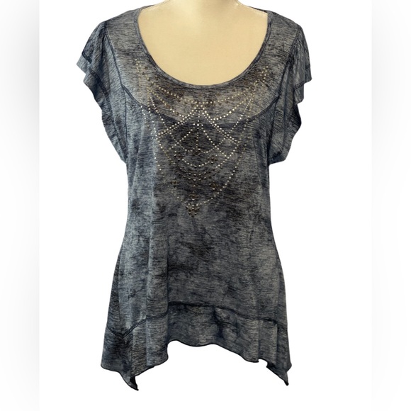 ONE WORLD Tops - One World Women's Blue Embellished Metal Accented Asymmetrical Blouse Top - L